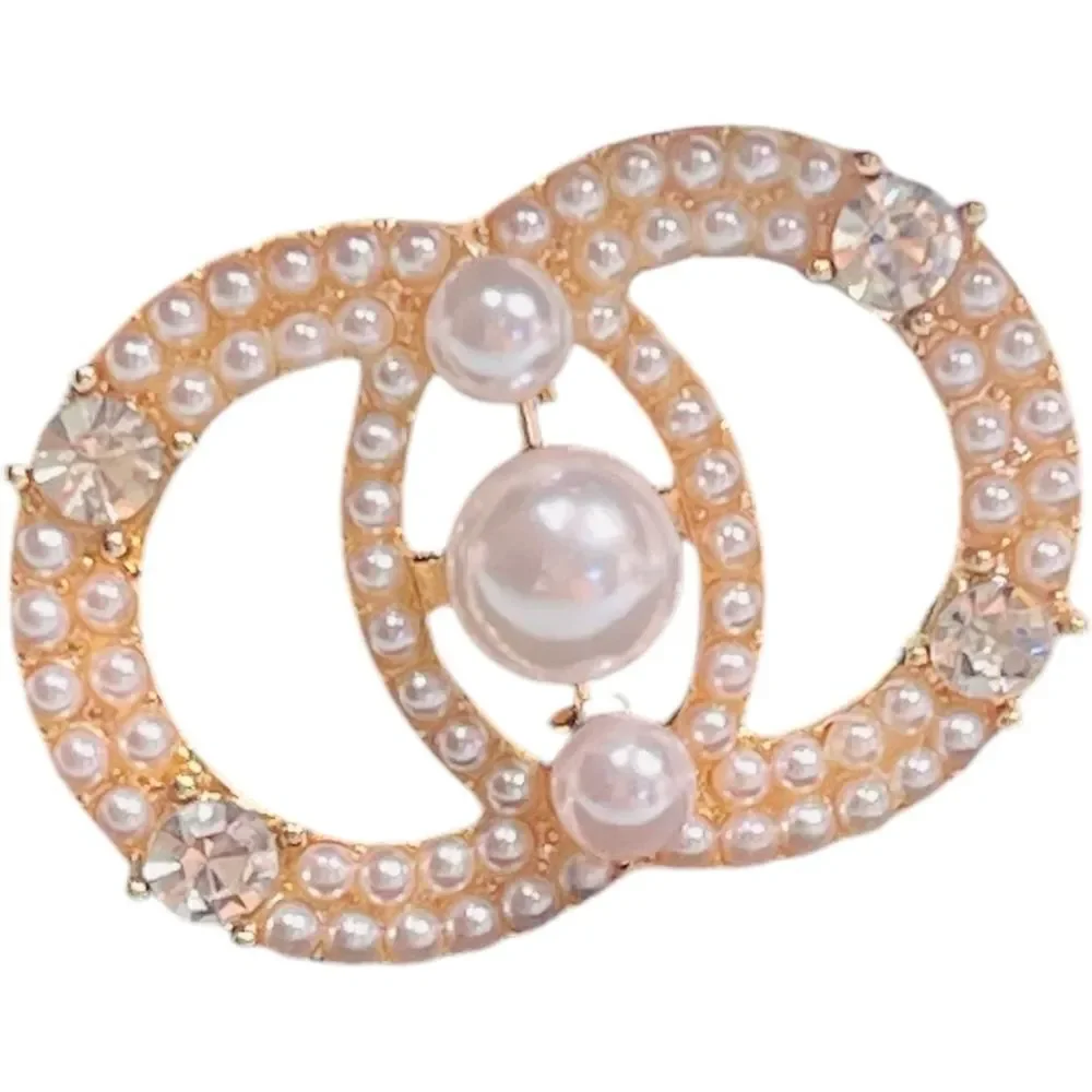 NEW Faux Pearl & Crystal Gold Plated CC Double Circle Brooch